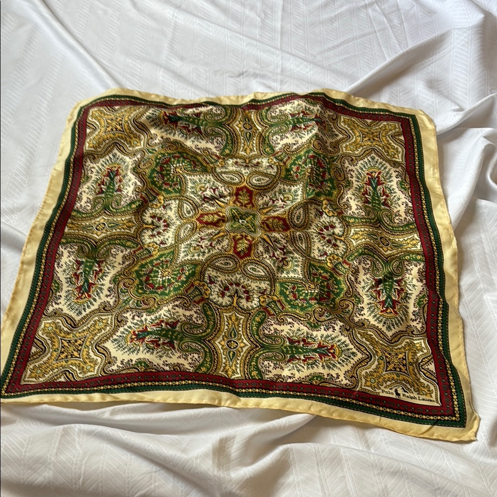 Vintage Ralph Lauren Polo Silk Scarf with Paisley Design in Gold and Green
